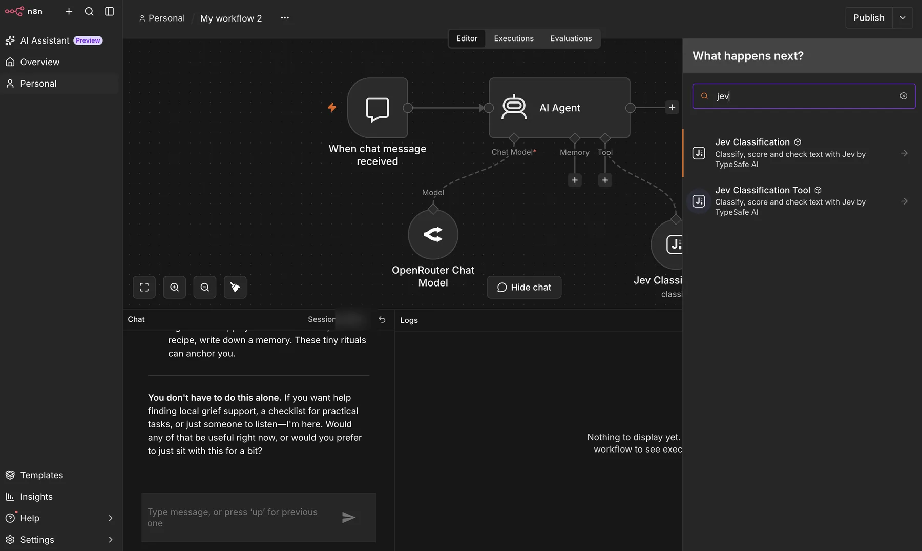 n8n AI Agent workflow connected to OpenRouter Chat Model and Jev Classification Tool