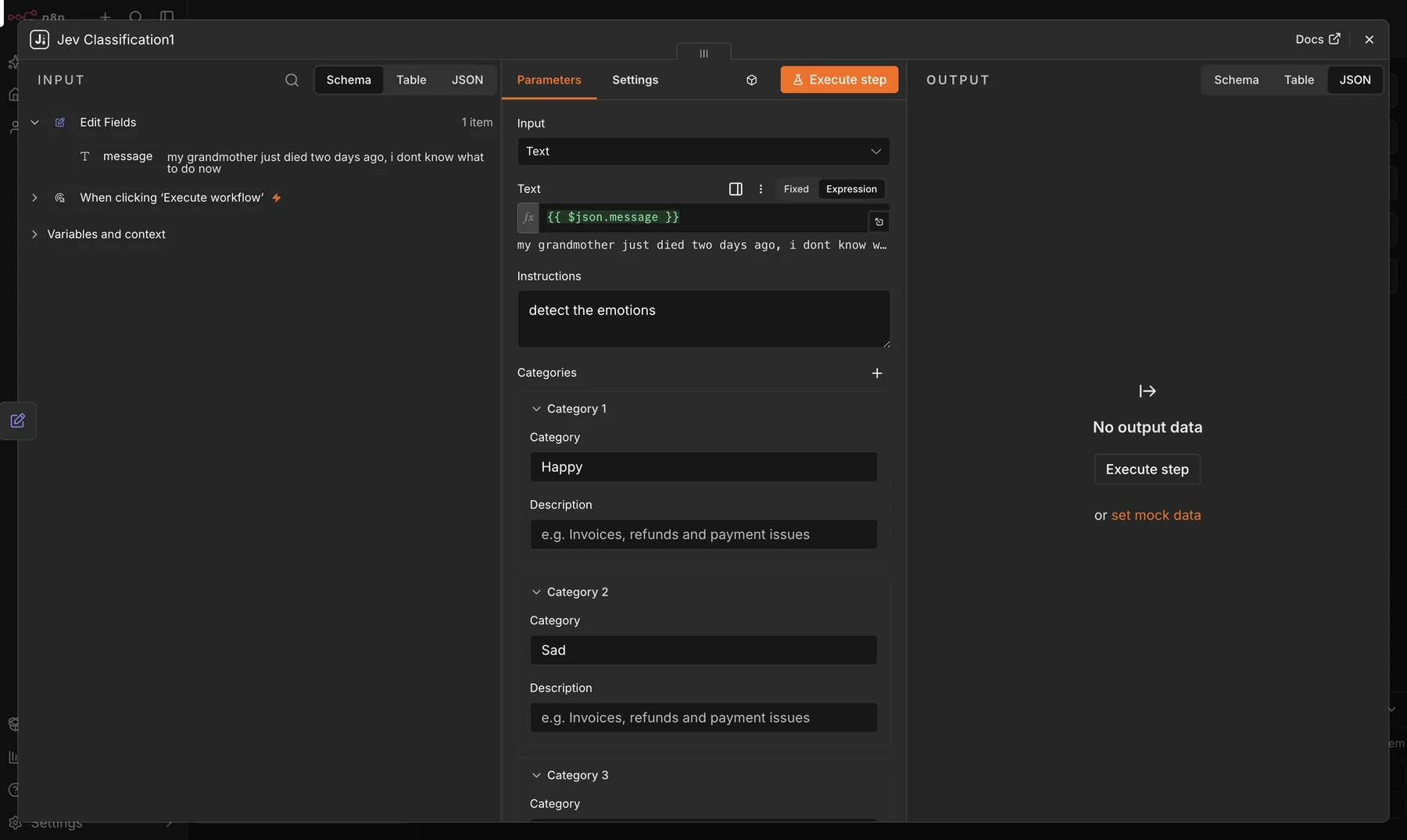 Jev Classification settings in n8n with a message expression, emotion instructions, and Happy, Sad, and other categories