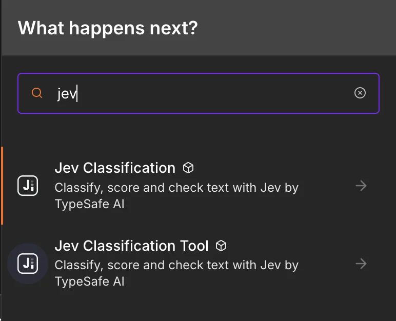 n8n node search results showing Jev Classification and Jev Classification Tool