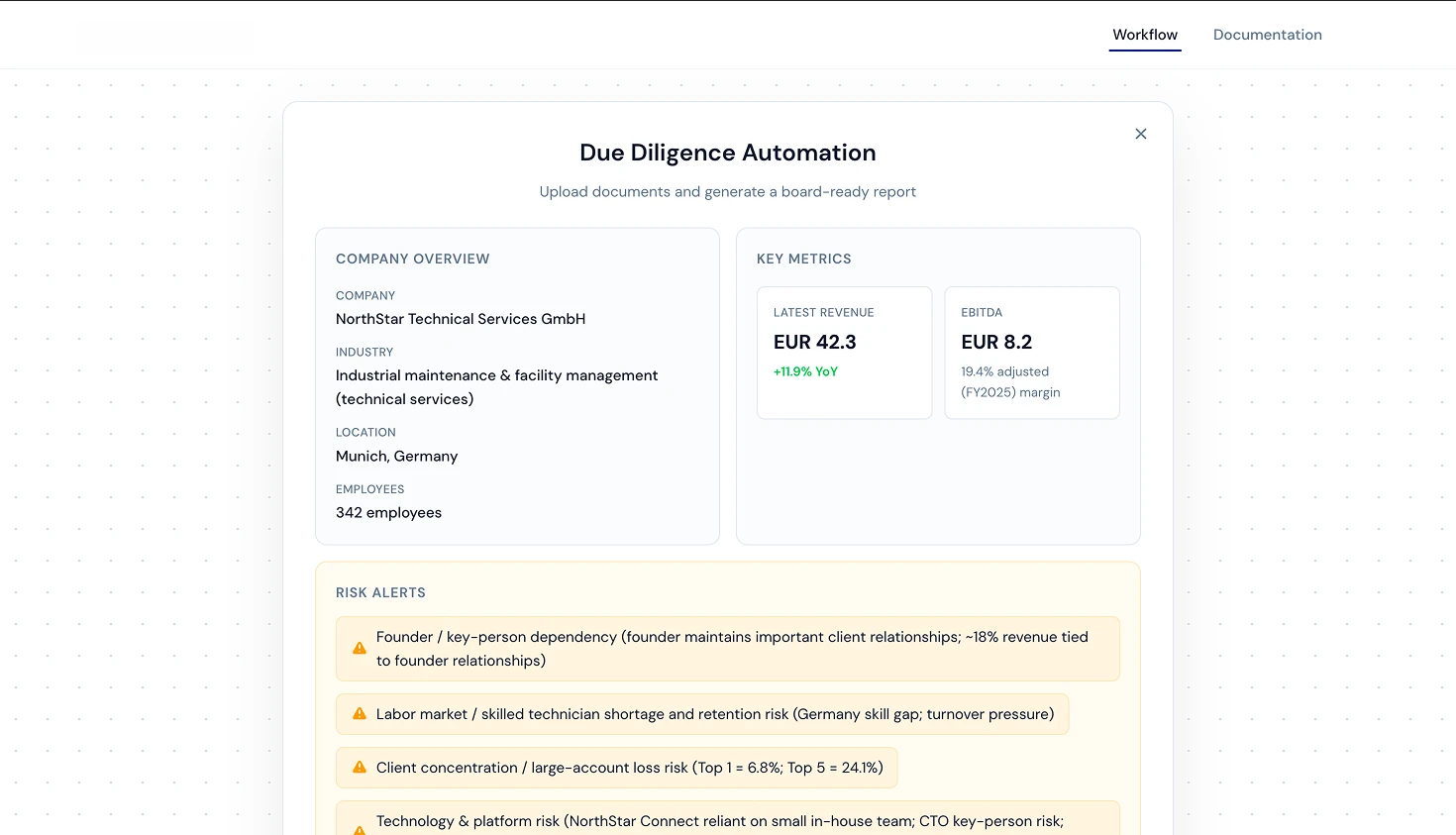Due Diligence report output showing company overview and risk alerts