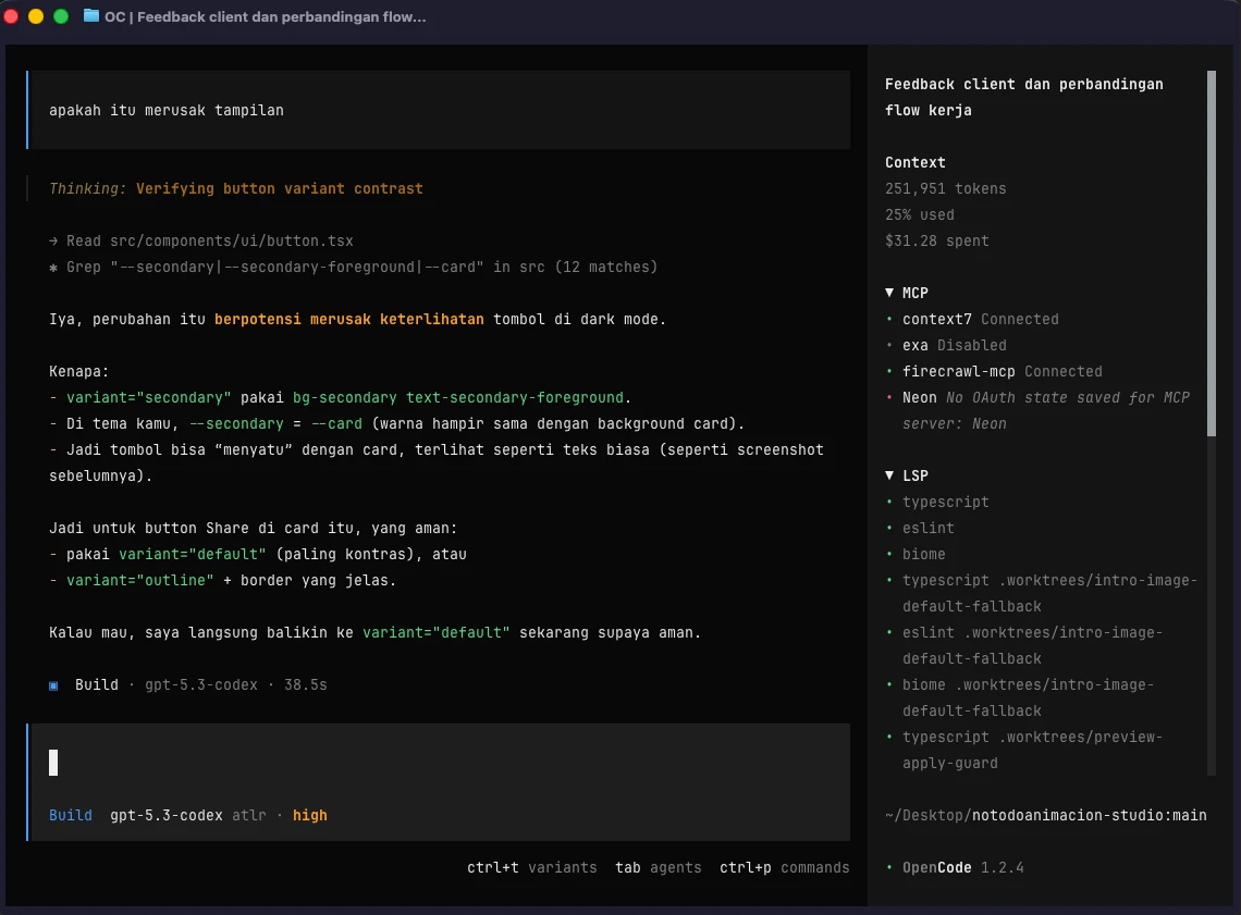 OpenCode workspace showing code review and model-assisted engineering workflow